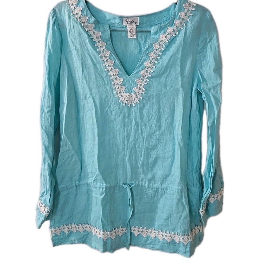 Vintage Lilly Pulitzer Blue 100% Linen Tunic Top 3/4 Sleeves Lace Trim Medium